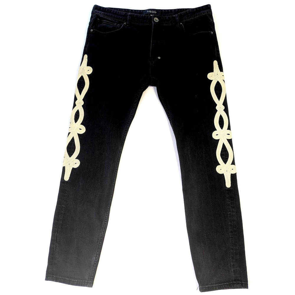 AKOO No Rivals Black Denim Jeans Rope Embroidery Dark Streetwear Mens Size 38